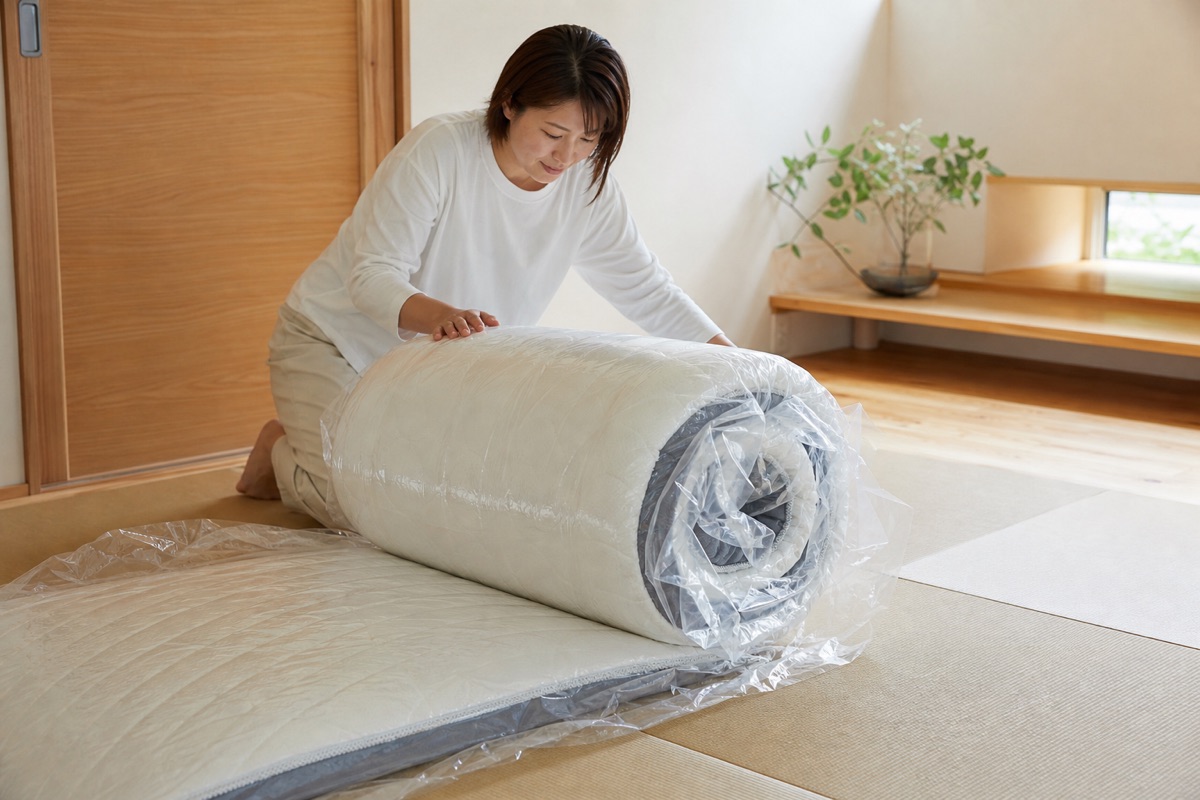 圧縮ロール状のマットレスを開封する様子